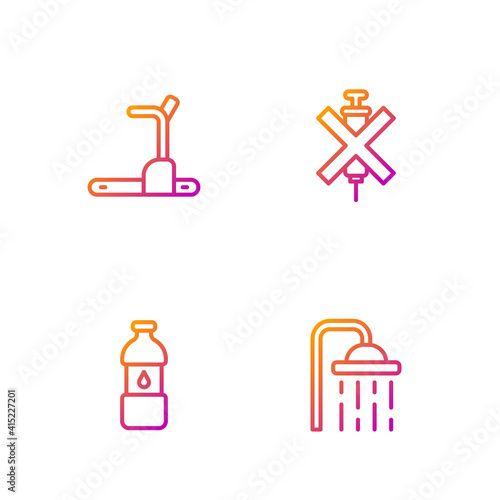 Set line Shower head, Bottle of water, Treadmill machine and No doping syringe. Gradient color icons. Vector.
