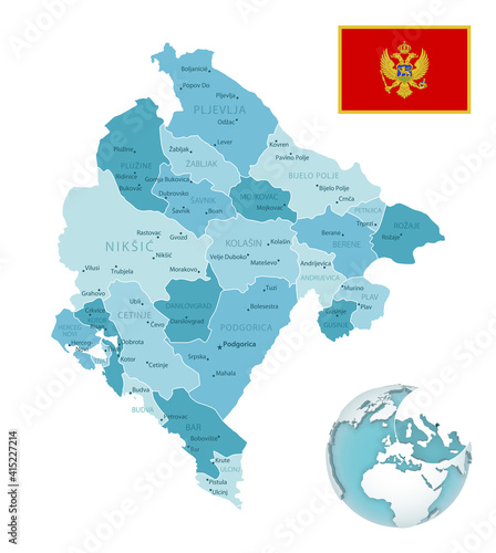 Montenegro administrative blue-green map with country flag and location on a globe.