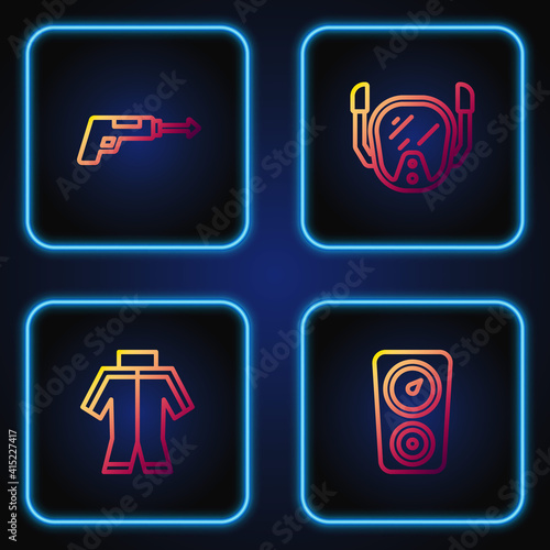 Set line Gauge scale, Wetsuit, Fishing harpoon and Diving mask. Gradient color icons. Vector.