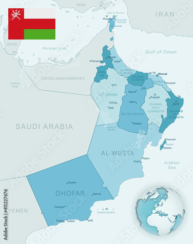 Blue-green detailed map of Oman administrative divisions with country flag and location on the globe.