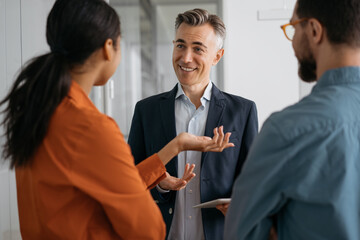 Colleagues meeting, planning start up, talking, cooperation, working in office. Mature confident mentor or business coach teaches people at business seminar, explaining information, sharing ideas 