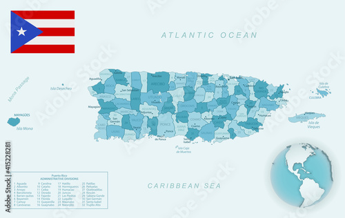 Blue-green detailed map of Puerto Rico administrative divisions with country flag and location on the globe.