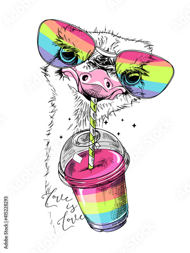 Portrait of a Funny Ostrich in a rainbow glasses with Smoothie cocktail. Humor card, t-shirt composition, hand drawn style print. Vector illustration.