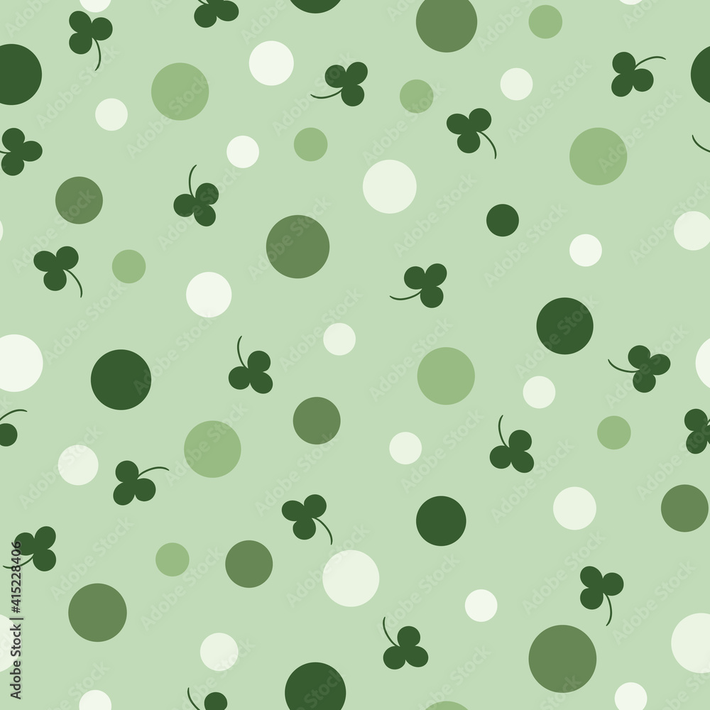 Polka Dots and Shamrocks Pattern. Green Clover Seamless Background. Polka Dots and Shamrocks Pattern. Green Clover Seamless Background.