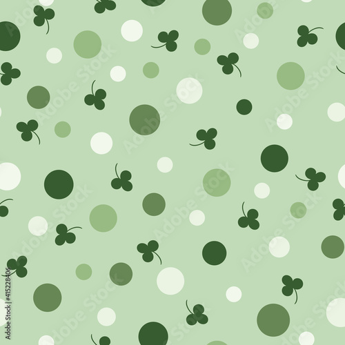 Polka Dots and Shamrocks Pattern. Green Clover Seamless Background.
