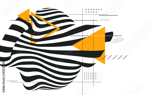 Black and white 3d stripes modern background. Abstract shape with small decorative elements and lines. Vector illustration.