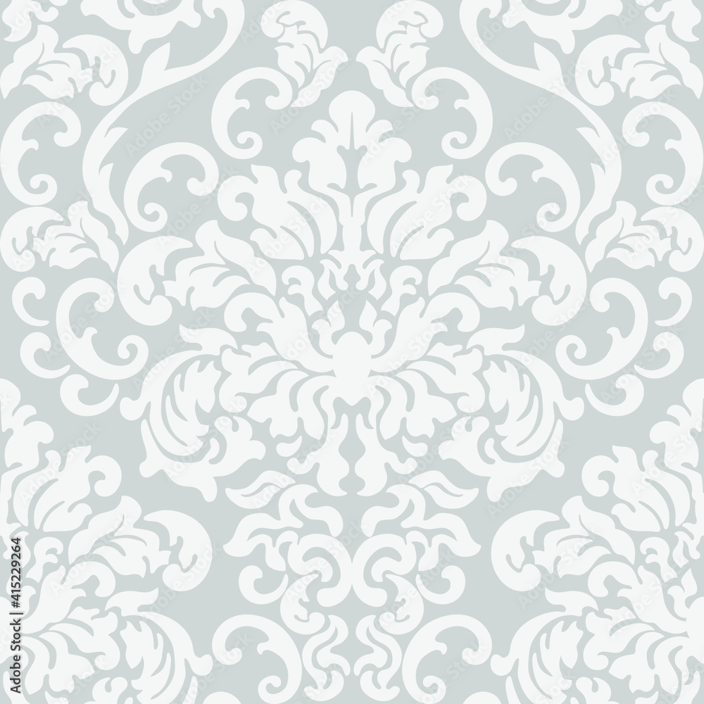 Damask classic seamless pattern in vectra. Gray and white trendy wallpaper 