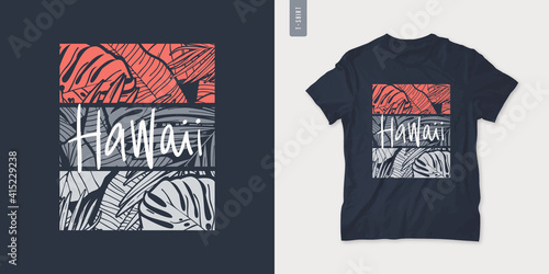 Hawaii summer graphic t-shirt design, tropical print, vector illustration