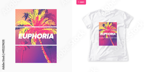 Summer graphic womens tee with palm trees, stylish print, colorful vector illustration
