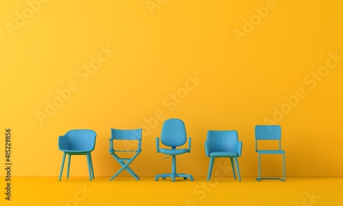 Blue chairs standing out from the crowd. Business concept. 3D rendering