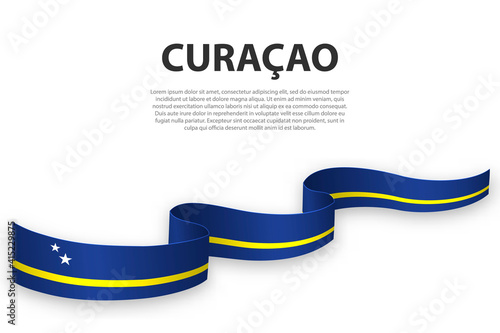 Waving ribbon or banner with flag of Curacao
