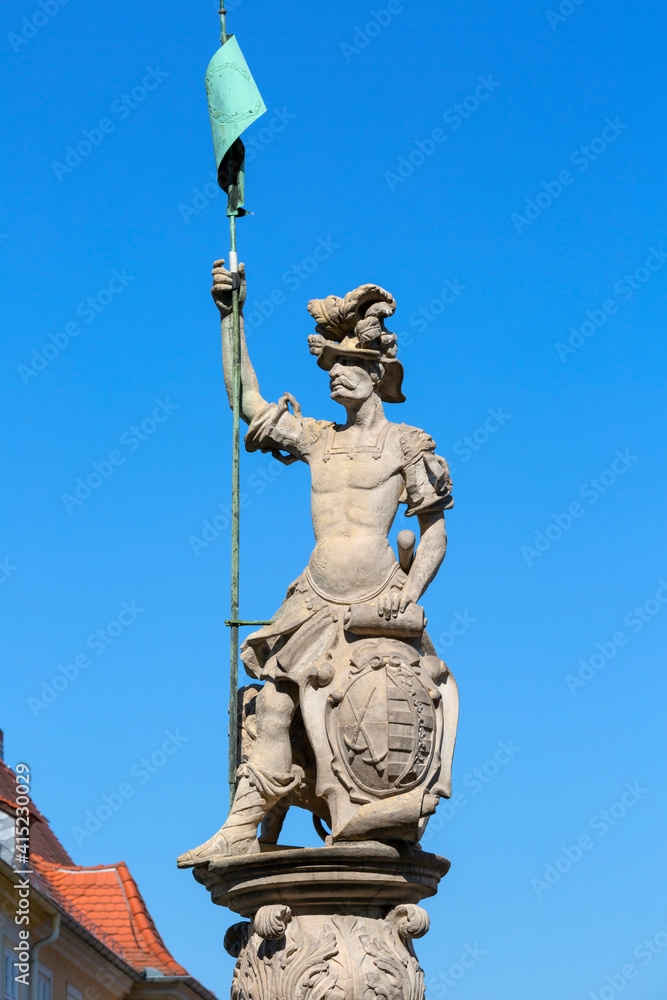A fountain with a statue of Saint George at Upper Market Square (Obermarkt), Goerlitz, Germany