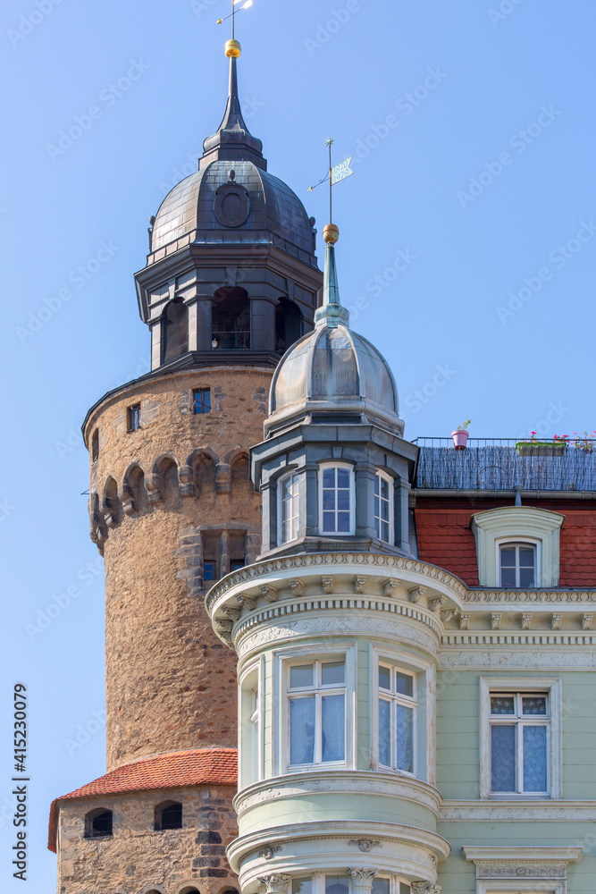 View of 14th century Reichenbach tower from Upper Market (Obermarkt), Goerlitz, Germany