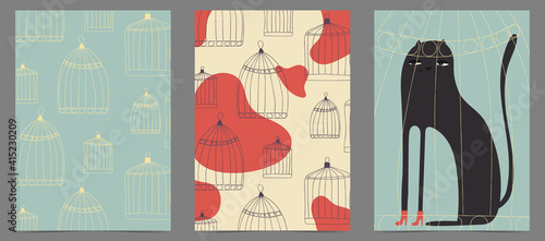 A set of creative hand painted compositions with a cat and bird cages. Abstract minimalistic illustrations are suitable for postcards, covers, posters. The objects are uncut and are editable. 