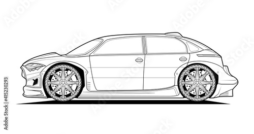 Vector line art original car illustration. Black contour sketch illustrate adult coloring page for book and drawing. High speed drive vehicle. Graphic element. wheel. Isolated on white background.