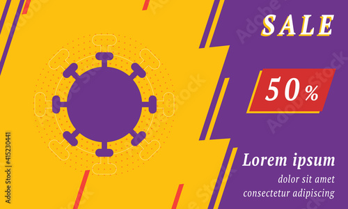 Sale promotion banner with place for your text. On the left is the coronavirus symbol. Promotional text with discount percentage on the right side. Vector illustration on yellow background photo
