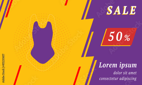 Sale promotion banner with place for your text. On the left is the one-piece swimsuit symbol. Promotional text with discount percentage on the right side. Vector illustration on yellow background