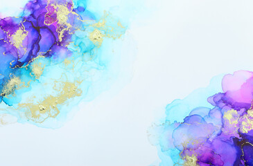 art photography of abstract fluid art painting with alcohol ink, blue, purple and gold colors