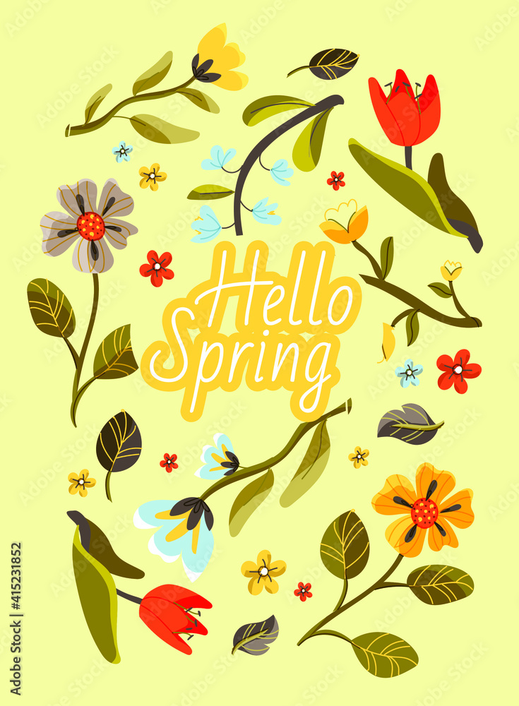 Hello spring! Greeting card with spring flowers and tulips