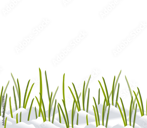 Early spring, green grass on melting snow, seamless border