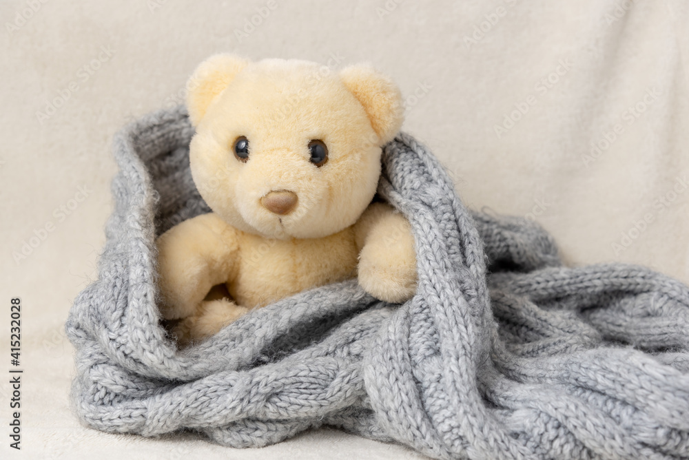 A stuffed toy teddy bear sits dressed in a knitted blanket.Childrens toy. A stuffed toy teddy bear sits dressed in a knitted blanket.Childrens toy.