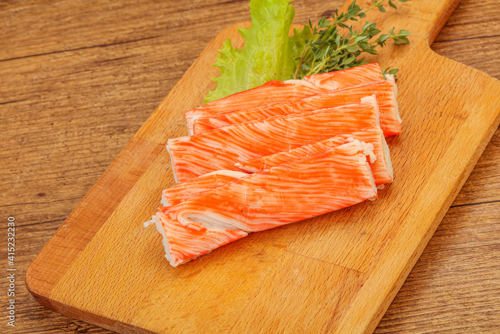Crab sticks served salad leaves Crab sticks served salad leaves
