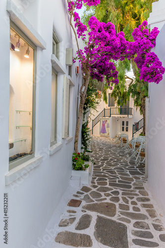 Traditional Cycladitic alley with a narrow street  whitewashed houses and a blooming bougainvillea in Parikia  Paros island  Greece.