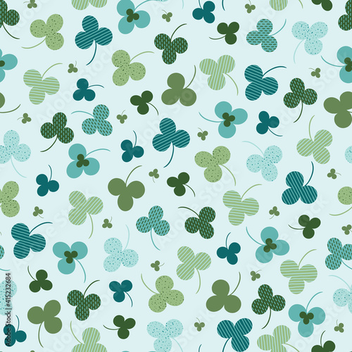 St Patricks Day Shamrock Seamless Pattern. Green and Blue Clover Repeating Background Print.