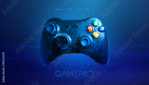 Low poly gamepad 3d abstract vector illustration. Polygon vector wireframe concept on blue background.