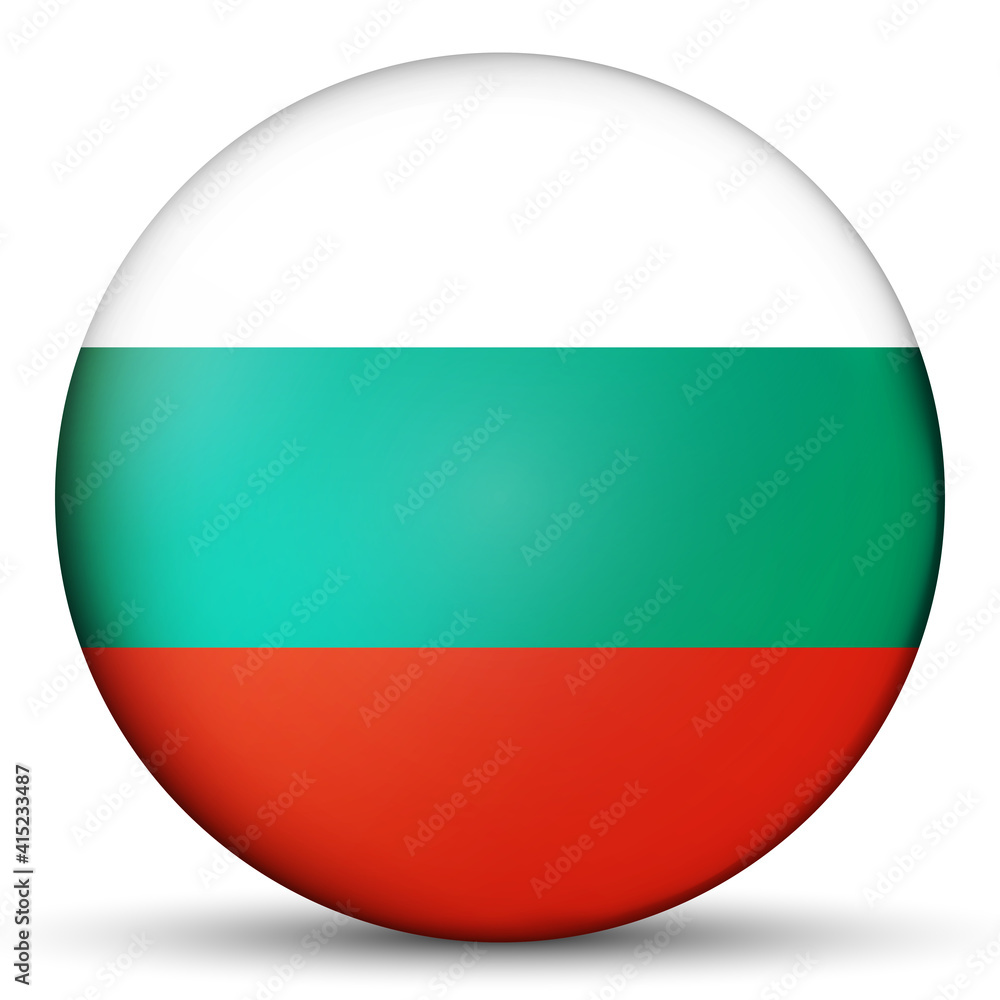 Glass light ball with flag of Bulgaria. Round sphere, template icon. Bulgarian national symbol. Glossy realistic ball, 3D abstract vector illustration highlighted on a white background. Big bubble.