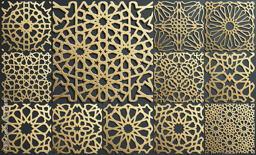Gold ornament on black. Islamic pattern set. Arabic geometric pattern bundle, east ornament, indian ornament, persian motif. Eid mubarak wall art gold texture template.