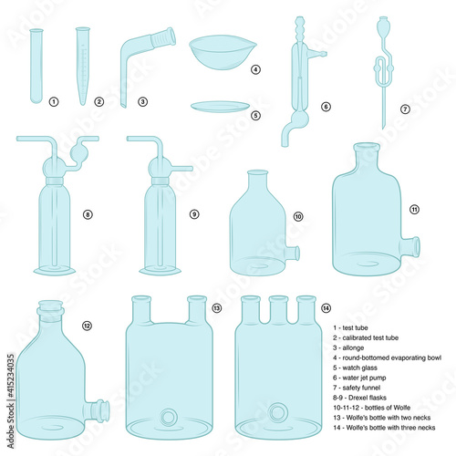 Set of chemical glassware. Sketches, blue color.