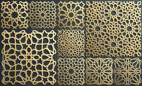 Gold ornament on black. Islamic pattern set. Arabic geometric pattern bundle, east ornament, indian ornament, persian motif. Eid mubarak wall art gold texture template.