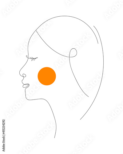 Asian woman with calm face. Face line art. Vector illustration of a female profile with a red blush. Hand drawn icon and symbol for print, poster, sticker, card design, invitations to the fashion week