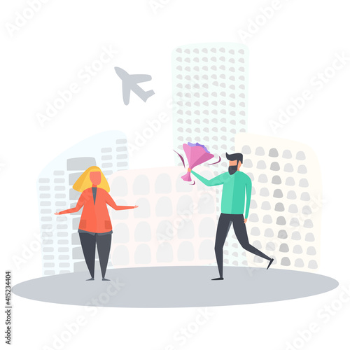 Graphic image. Loving couple in the city. The guy gives flowers to the girl. Vector illustration
