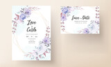 Beautiful wedding invitation card with purple flower ornament