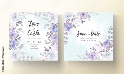 Beautiful wedding invitation card with purple flower ornament