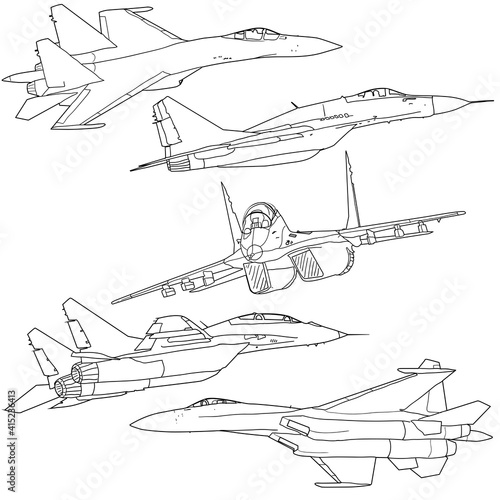 Set silhouette military combat airplane on a white background