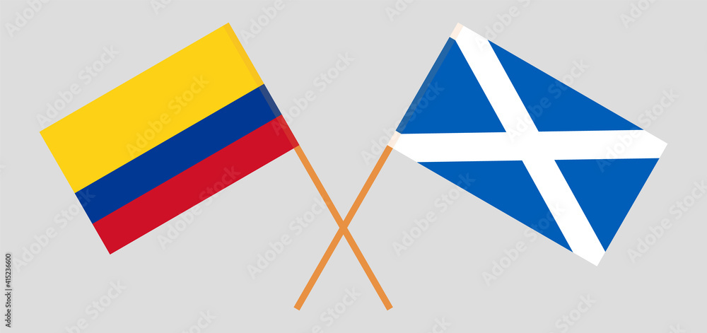 Crossed flags of Colombia and Scotland. Official colors. Correct proportion