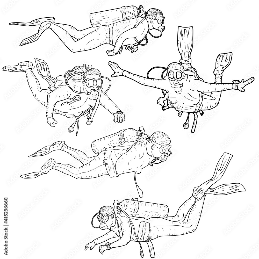 Fototapeta premium Set sketch silhouette scuba divers on white background