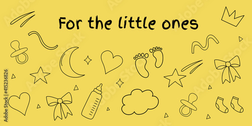 Children's pattern on a yellow background in doodle style. Illustration in line style for children products. For the little ones concept. Perfect for labels, stickers, product designations, packaging 