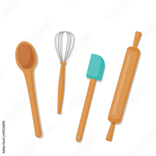 Whisk, spatula, rolling pin and spoon. Vector illustration of kitchen utensils for baking. Baking utensils on a white background with a shadow