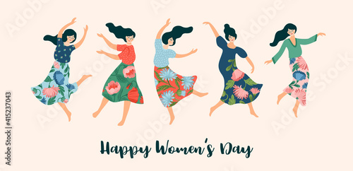 Vector illustration of cute dancing women. International Women s Day concept for card, poster, banner and other
