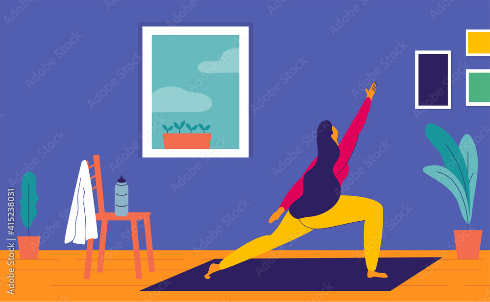 Woman yoga training at home. Stay fit at home concept. Modern flat design illustration. Woman yoga training at home. Stay fit at home concept. Modern flat design illustration.