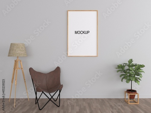 Poster with vertical frames on empty white wall in living room interior with leather chair. 3d render