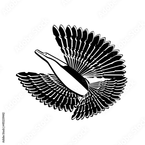 The wooden bird of happiness. Russian old traditional toy - amulet isolated on white background. In black. Silhouette  logo. Vector illustration