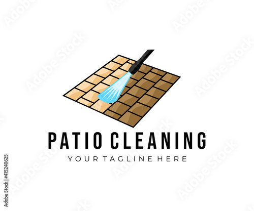 Patio pressure cleaning, pressure water cleaner, water jet and block floor, logo design. Power washer, outdoor floor worker cleaning and concrete surface, vector design and illustration