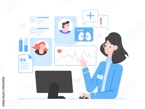 Doctor online on the internet. Woman specialist with laptop and medical data. Patient cards, statistics, indicators. Consultation, diagnostics, health advice. Vector flat illustration.