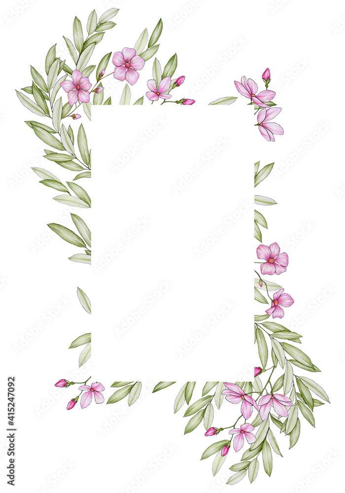 Rectangular frame with pink flowers and gold elements on a white background