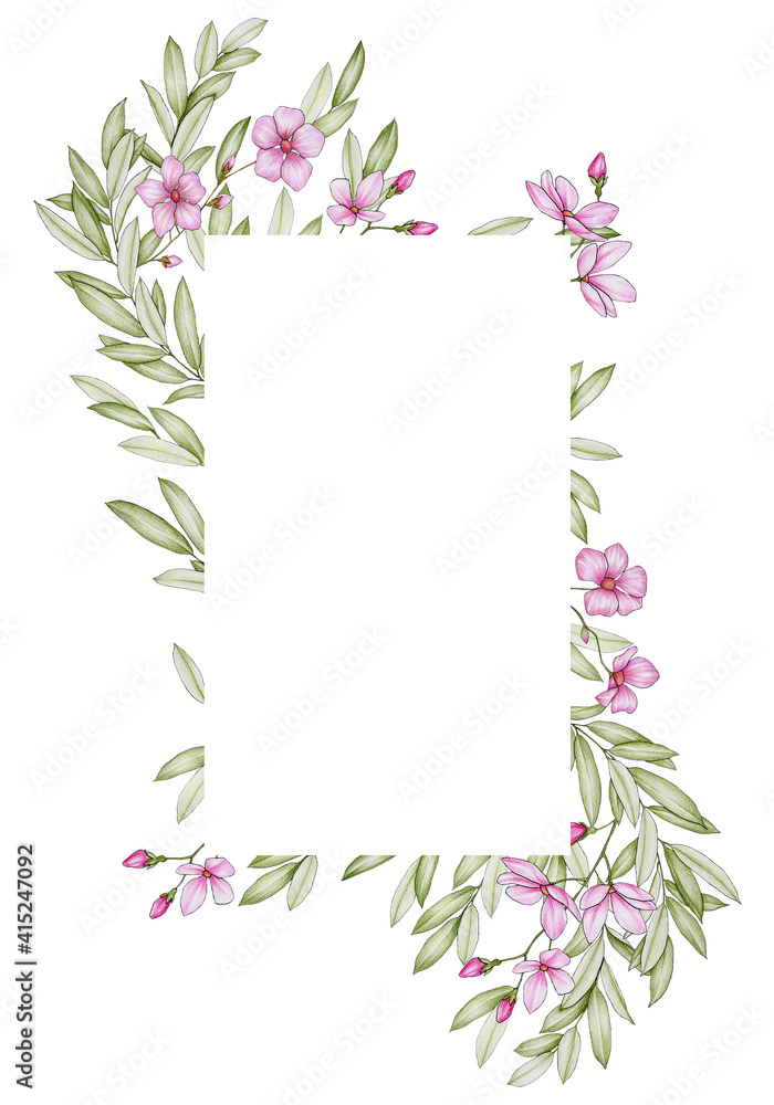 Obraz premium Rectangular frame with pink flowers and gold elements on a white background